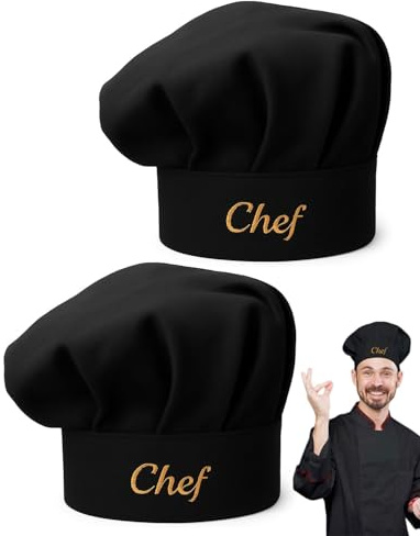 UYRVAPE 2 Pièces Chef Toque de cuisinier unisexe en coton pour cuisine, hôtel, restaurant, gastronomie, chapeau réglable pour hommes, femmes, cuisine, noir