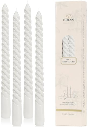 Tobeape White Tapered Dinner Candles 4 Pack, 10 Inch Twisted Table Candles | Unscented & Dripless, Decorative Household Wax Candles for Home Decor Party Celebration Dining, 8 Hours Long Burning