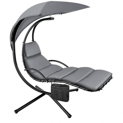 Sdraio Sospesa Con Ombrellone Parasole Integrato E Cuscino Imbottito Ergonomica Amaca Da Giardino In Acciaio E Poliestere Per Esterno Terrazzo E Bordo Piscina 195 x 132 x 197 Cm Grigio