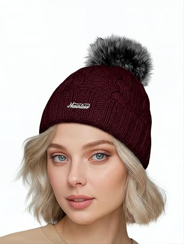 Neverless® Damen Strickmütze Zopfmuster Fleccefutter Bommelmütze Pudelmütze Wintermütze Accessoires Herbst Winter Model 2213 Rot Unisize