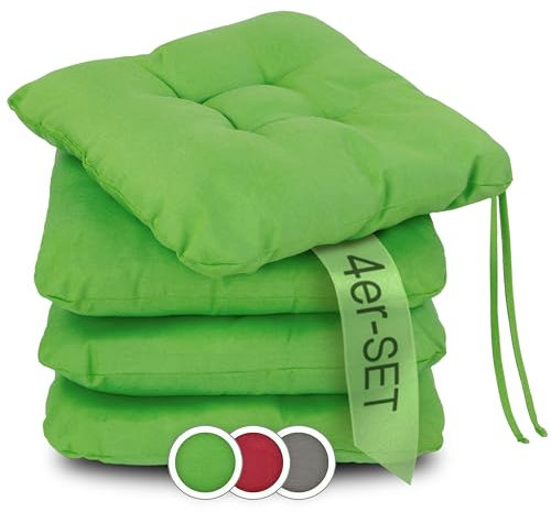 ZOLLNER 4er Set Sitzkissen in 38x38cm - gemütliche Stuhlkissen mit Bindebänder - waschbar bis 30°C - in grün - Oeko Tex® Zertifiziert