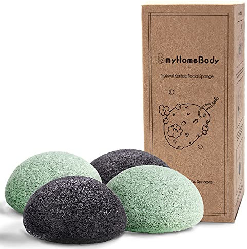myHomeBody Natural Konjac Facial Sponges - for Gentle Face Cleansing and Exfoliation - with Activated Charcoal and Aloe Vera, 4pc. Set
