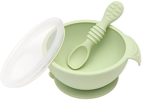 Bumkins Baby Bowls, Silicone Baby Feeding Set, Suction Bowls for Baby and Toddler with Spoon and Lid, First Feeding Set, Platinum Silicone Bowl for Babies 4 Months Up