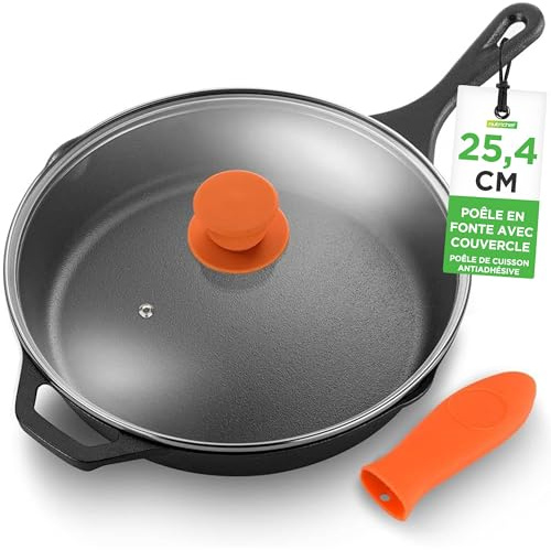 NutriChef 10 Inch Cast Iron Skillet with Lid - Pre-Seasoned Small Fry Pan with Side Drip Spout and Silicone Handle