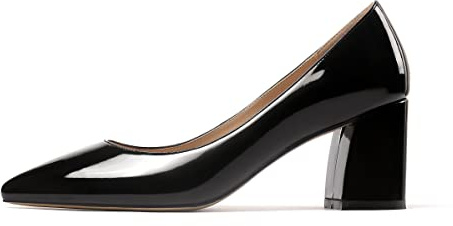 Elashe Femme Talon Moyen Escarpins, Bout Pointu 6.5CM Block Heel Pumps, Classique A Enfiler Pumps Mariage Soirée Verni NoirEU38