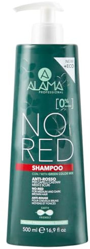 Alama Professional No-Red Shampoo Antirosso per Capelli Castani, Medi e Scuri, Naturali e Colorati, Formula Vegan e Gluten Free con Pigmenti Verdi, 90% Ingredienti Naturali, 500 ml
