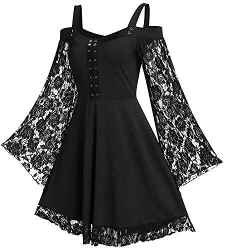 FEOYA Women's Lace Gothic Dress Long Sleeve Medieval Steampunk Dresses Plus Size Retro Victorian Casual Strappy Cold Shoulder Midi Dress Elegant Vintage Cosplay Halloween Black 5XL