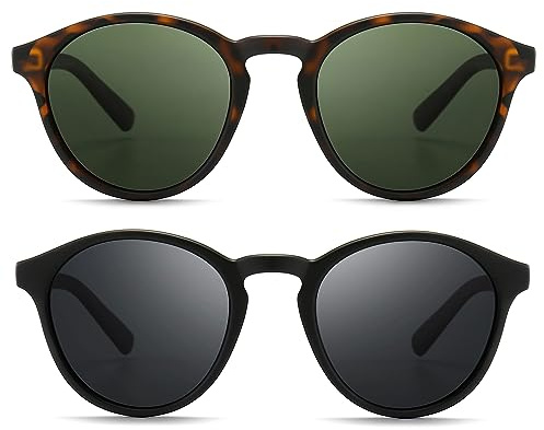 SUNGAIT Gafas de Sol Redondas Clásicas Unisex Gafas de Sol Polarizadas Estilo Retro Vintage Protección UV (Ámbar (Acabado Mate)/Verde Oscuro +Negro (Acabado Mate)/Gris)