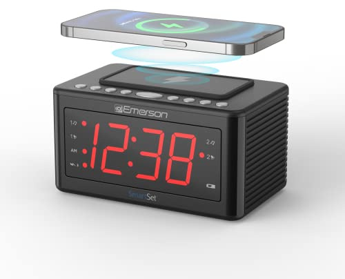 Emerson CKSW0555 Smartset Wireless Charging Alarm Clock Radio Featuring a Large 1.4 Red LED Display and Temperature Sensor, FM Radio, Black