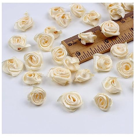 Yurosiay 150 mini rose in raso, 15 mm, fatte a mano, colorate, decorazione fai da te, per matrimoni, beige