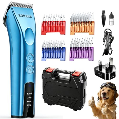 Tagliacapelli professionale per cani, gatti e cavalli, senza fili, con lama 5 in 1, a basso rumore e ad alta potenza, ricaricabile, senza fili, per cappotti spessi e pesanti (blu)