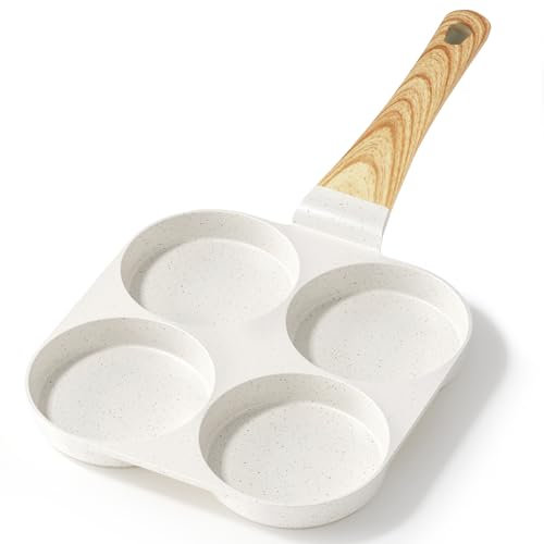 GiPP Non Stick Egg Pan, 4-Cup Granite Omelette Pan Skillet for Breakfast, Pancake Pan with Heat-Resistant Handle, Compatible with All Stovetops, Easy to Clean, PFOA Free (White, 4-Hole)