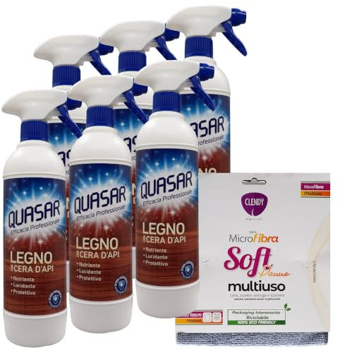 QUASAR SET: 6x Quasar Detergente Spray LEGNO Con Cera D'Api. Nutriente, Lucidante, Protettivo. Scudo Antisporco, Pulito Più a Lungo 580ml + Panno Soft Microfibra Multiuso, Formato 33x33