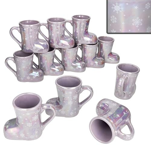 MamboCat Lot de 12 bottes à vin chaud avec anse - Lilas brillant - 200 ml - Gobelets à vin chaud nacré avec flocons de neige et étoiles pour 12 personnes - Tasse en céramique pour thé, pince à feu