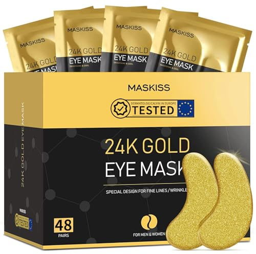 Parches para debajo de los ojos (48 pares) - Mascarillas gel ojos de oro de 24K Cuidado de la piel enriquecido con abundante colágeno, ácido hialurónico almohadillas