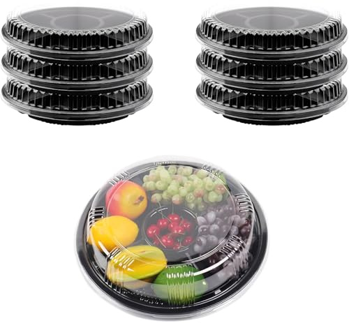 6PCS Reusable Plastic Platters Set with Lids - Multi-Compartment Serving Trays for Buffet Party Catering Dishwasher-Safe Snack Tray for Sushi, Canapés, Veggie Dips & Charcuterie（30cm）