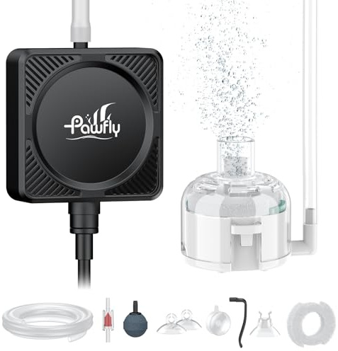 Pawfly Nano Luftpumpe Ultra-Leiser Mini-Bubbler für bis zu 60L Fischbecken & Nano-Aquarien 1,3 W tragbarer Sauerstoff-Aerator mit Schwammfilter, Luftschlauch, Ausströmer & Rückschlagventil, 450 ml/m