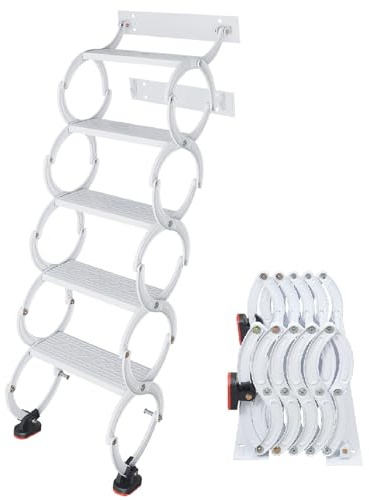 5 Steps Wall Mounted Attic Ladder Pull Down System, Retractable Folding Attic Stairs, Telescoping Attic Ladders, Portable Step Ladders,Loft Extension Steps Staircase for RV,Storehouse (White, 5 Steps)