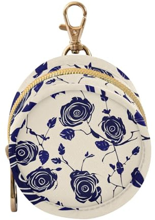 FLildon Dark Blue Roses Keychain Bucket Bag, Small Charm Change Pouch Coin Purse for Women Handbag Tote Pendant