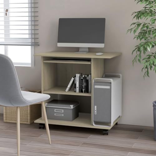 Owoxanthellate Tavolo per computer Sonoma rovere 80 x 50 x 75 cm con ruote e ripiano estraibile per tastiera salvaspazio per casa, ufficio, gioco e ufficio