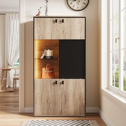 TIZZ Combinazione di armadi effetto legno 120 x 80 cm con struttura nera: doppie ante superiori, porte scorrevoli medie con ripiano aperto e scomparti inferiori, ideale per documenti, decorazioni e