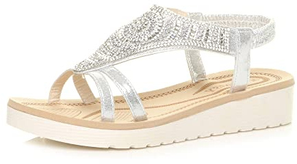 AJVANI Womens ladies low wedge heel flatform diamante t-bar slingback sandals size