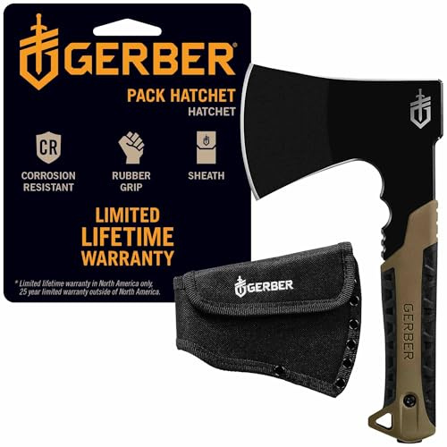 Gerber Gear Pack Hatchet - 3.5 Steel Blade Axe with Full Tang - Survival, Bushcraft and Camping Gear - with Mountable Nylon Sheath - Brown