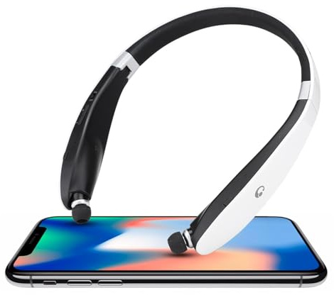 Bluetooth Sport hörlurar, trådlösa hörlurar i örat med brusreducerande mikrofon, vikbar nackhängningstyp, spelbar i 16 timmar (svart vit)