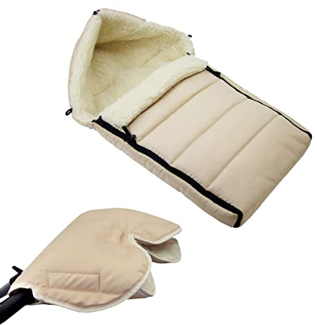BAMBINIWELT KOMBI-ANGEBOT Muff + vinterväska 90 cm – av lammull för barnvagn, buggy, hjulberlock – ylle – fodrad Beige