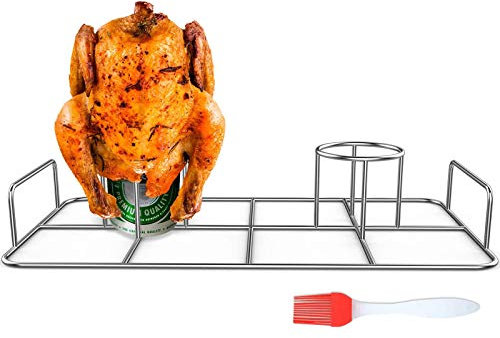 RUSFOL Doppeltes Bierkanus-Hühnerregal mit einer Silikon-Ölbürste, Edelstahl-Doppel-Hühnerständer für Räucher und Grill, kochen Sie 2 Hühner zusammen
