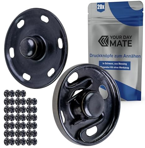 Tryckknappar för påsömnad, Ø 13 mm utsida, 20 par, i silver-svart, av mässing, tryckknappar för kläder, hantverk, DIY reparationsknappar sybehör, tryckknappssömnad, ersättningsknappar av metall