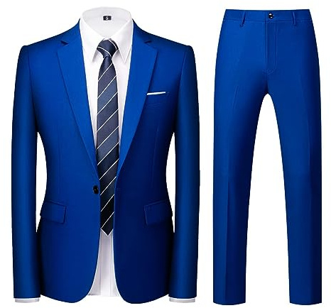 Män kostymer 2 delar smal passform enkelknäppt en knapp bröllop affärer vardaglig smoking kostym blazer byxor kostym set, Juvel blå, S