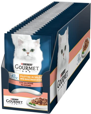 Purina Gourmet Perle Filettini in Salsa Cibo Umido per Gatti con Salmone 26 Buste da 85g