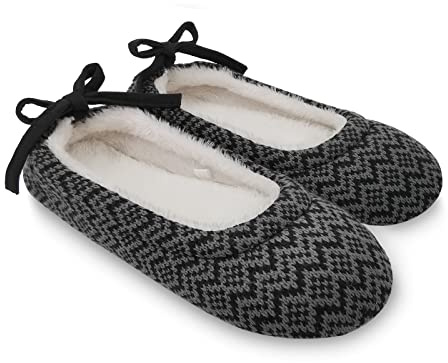 ofoot Womens Indoor Warm Adjustable Lace-up Knit House Shoes,Ballerina Slipper Socks,Washable Ballet Style Flats,Soft Soled Non Slip Rubber Bottom with Grips(Black,US 7-8)