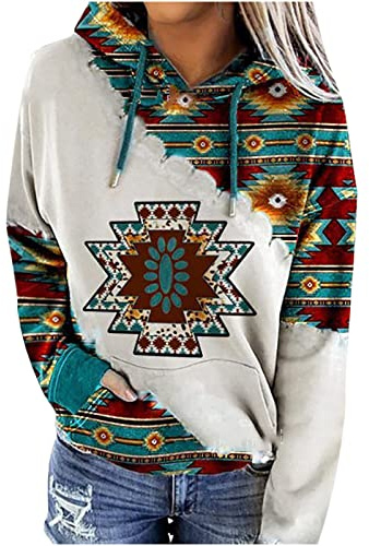 TRIGLICOLEUM Felpa con cappuccio da donna in stile etnico, stile retrò, con cappuccio, motivo geometrico, maglione a maniche lunghe, per autunno e inverno, con tasca a marsupio