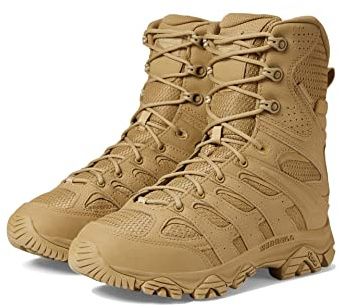 Merrell Men’s Moab 3 8” Zip Tactical Waterproof Boots, Durable & Comfortable Coated Leather Combat Hiking Shoes, Dark Coyote, 10.5