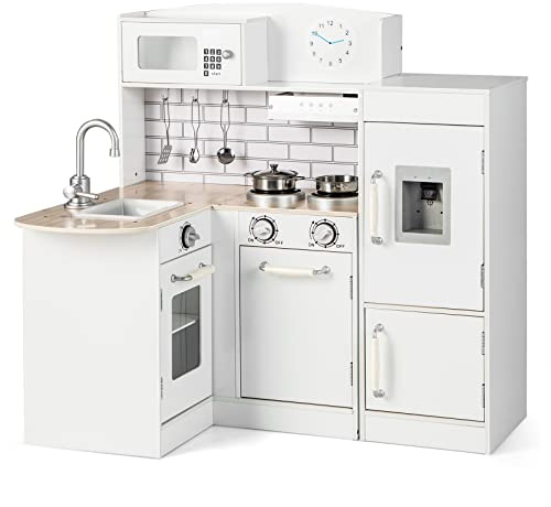 COSTWAY Kids Corner Play Kitchen, Wooden Pretend Cooking Playset with Realistic Microwave, Oven, Sink, Refrigerator, Water Dispenser and Utensils, Children's Chef Role Play Set for Boys Girls