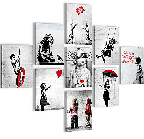 Novart Wandbilder Banksy - KOMPLETT AUFHÄNGFERTIG - Collage Loft Wohnzimmer- 9 Moderne Bilder Set - N024991a