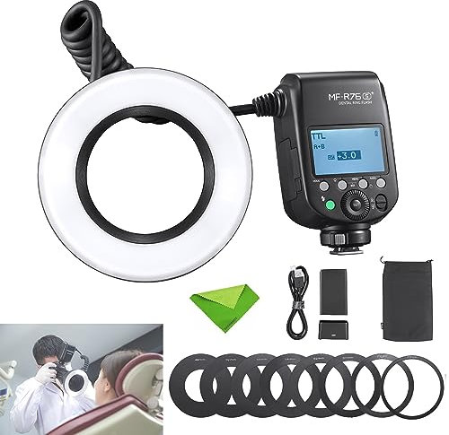 Godox MF-R76S+ TTL Flash de Anillo Dental, 76Ws GN14 CCT 5900K±200K 550 Flashes de Potencia Completa, Tiempo de Reciclaje de 0,1-1s Speedlight Macro Flash para Sony A7M4, A7R5, A6400, ZV-E10