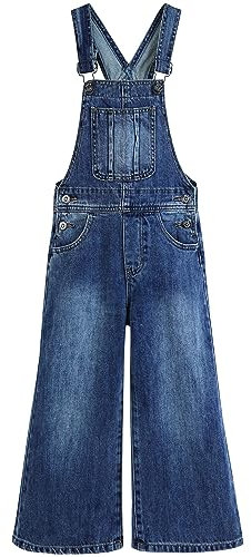 KIDSCOOL SPACE Jeans-Overalls für Mädchen, kleine große Kinder, weites Bein, elastisch an der Innenseite, Jeans-Latzhose, ausgestellte Hose, Mittelblau, 11–12 Jahre