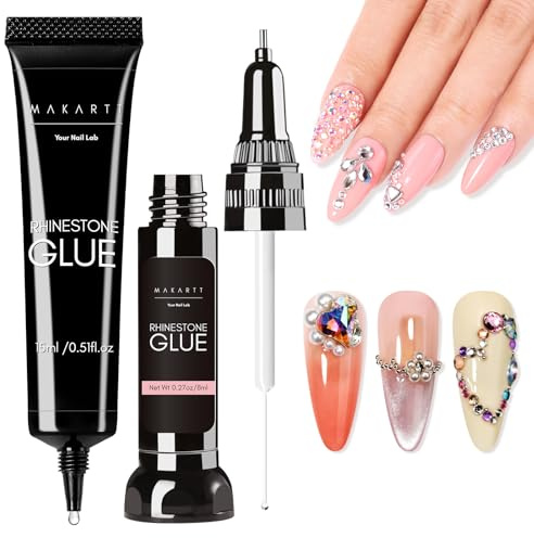 Makartt Nail Rhinestone Glue Set - Gel Nail Glue for Rhinestones, 3D Art Design Super Strong Adhesive for Charm Gems Jewel Crystal Beads Diamonds, 15ml & 8ml, Easy Use, Cured Need