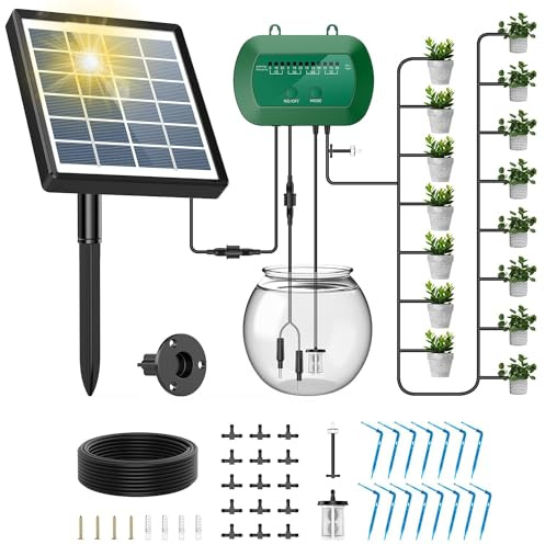 UKSUNVI Sistema di irrigazione a goccia da giardino, alimentato a energia solare, automatico a goccia, design anti-sifone per piante in vaso, serra, 12 modalità temporali impianti di irrigazione