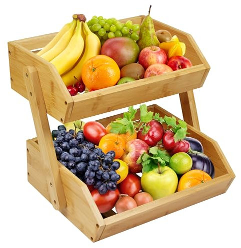 Ribelli Bambus Obstkorb 2 Etagen, Abnehmbare Obstschale, Obst Etagere, Aufbewahrung für Brot, Gemüse, Snacks, 510201