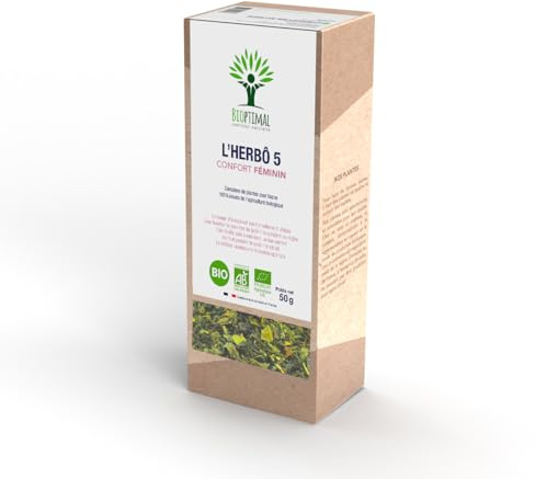 BIOPTIMAL - Infusion Bio L'Herbô 5 - Confort Féminin - Tisane de Sauge, Vigne rouge, Alchemille, Cassis, Mélisse et Ortie - Complexe de Plantes pour Le Cycle Menstruel - Fabriqué en France - 50g