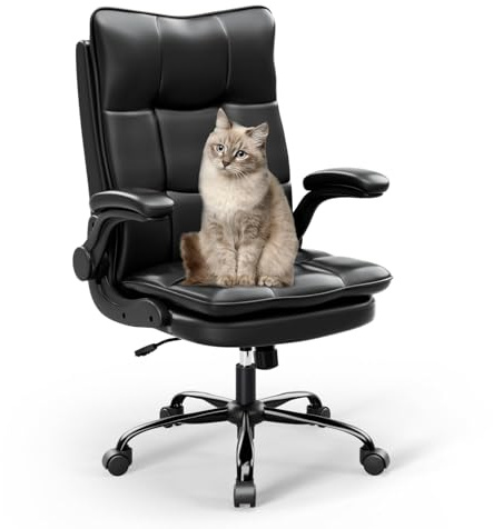 Asukale Bürostuhl Schreibtischstuhl Ergonomisch, Chefsessel mit Kratzfeste Technologieleder, klappbare armlehne, drehbar und Wippfunktion, Höhenverstellbar, Doppelt verdickte Rückenlehne, Schwarz