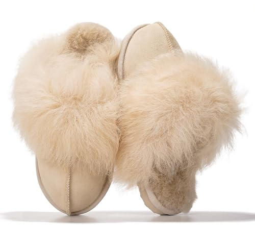 Project Cloud 100% Australian Sheepskin Scuff Slippers for Women - Genuine Shearling Memory Foam Slides for Women Mules - Non-Slip Womens Slippers (Ryann, BEIG, 5.5)