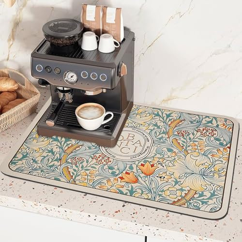 Tappetino Macchina Caffeina, 40 x 50cm Tappetino da Caffè ad Asciugatura Rapida, Scolapiatti Tovagliette diatomee, Assorbente Scolapiatti Morbido Cucina, per Cucine, Lavelli E Bagni (Floreale)