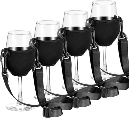 Yeehliny 4 Stück Weinglashalter Zum Umhängen Tragbare Weinglas Halterung zum Umhängen Becherhalter Verstellbarer Wine Glass Holder für Weihnachten Geburtstag Hochzeit Party (Schwarz/Mittel/20CM)