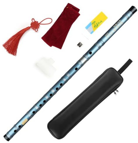 E Key Blue Color Chinese Dizi Bitter Bamboo Flute for Beginners with Free Membrane & Glue & Protector Set Traditional Chinese Instrument (E + PU bag)