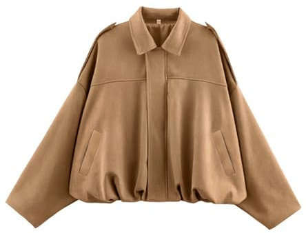 Bnigung Blouson bomber décontracté en daim synthétique pour femme - Manteau court à revers - Vestes de moto surdimensionnées 2025, kaki, Large
